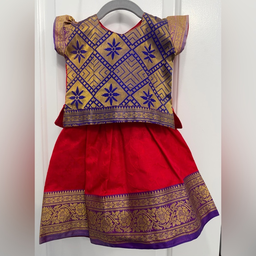 Indian Baby Outfit / Kerala Style Pavada & Blouse: Red, Purple & Gold
